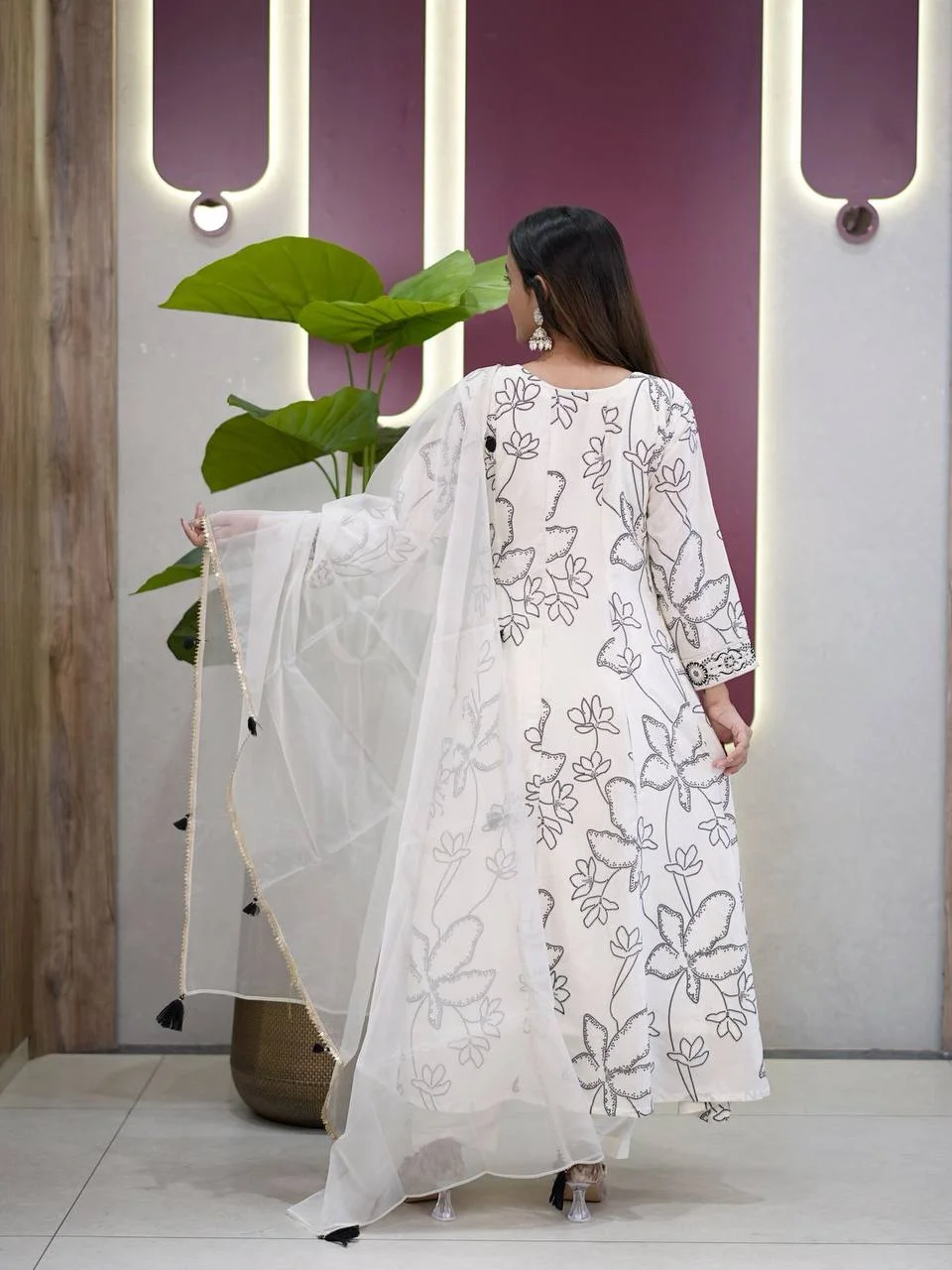 French Crepe Printed Anarkali Suit with Dupatta in Off White — photo 3 of 9