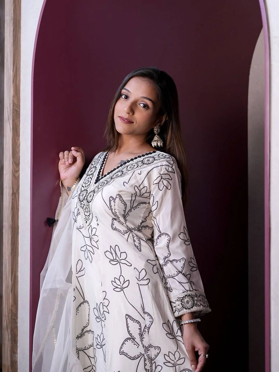 French Crepe Printed Anarkali Suit with Dupatta in Off White — photo 4 of 9
