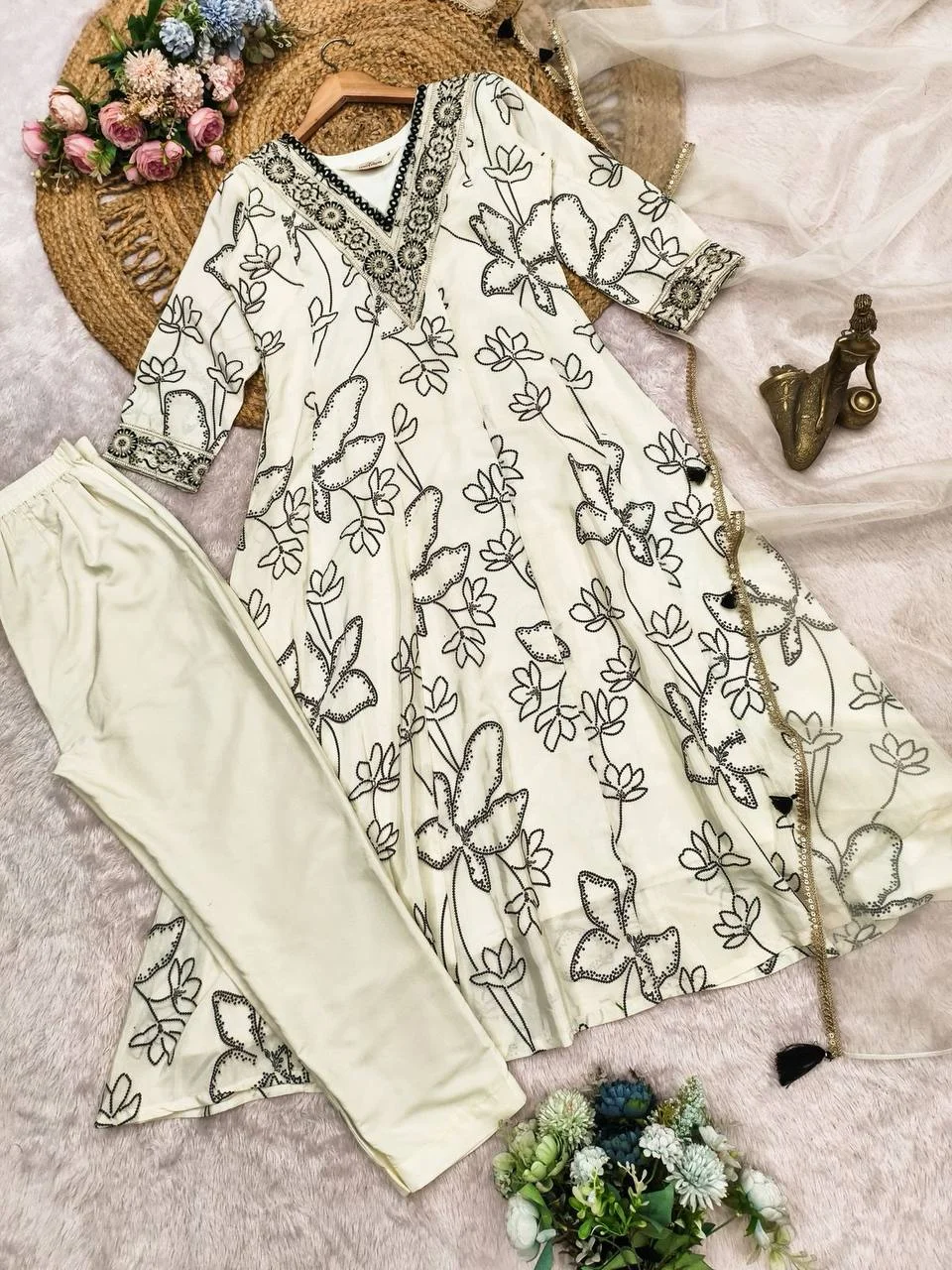 French Crepe Printed Anarkali Suit with Dupatta in Off White — photo 7 of 9
