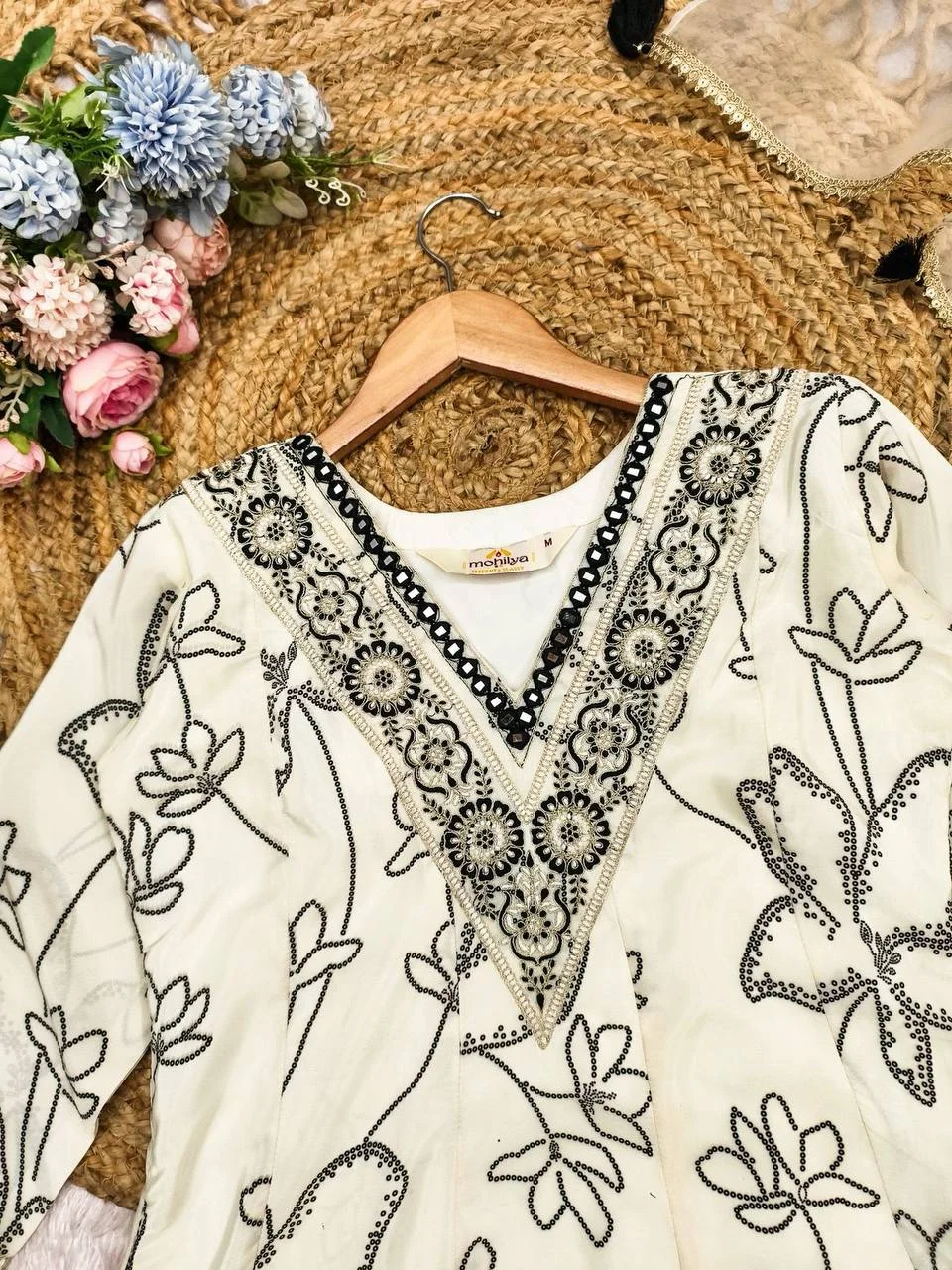 French Crepe Printed Anarkali Suit with Dupatta in Off White — photo 8 of 9