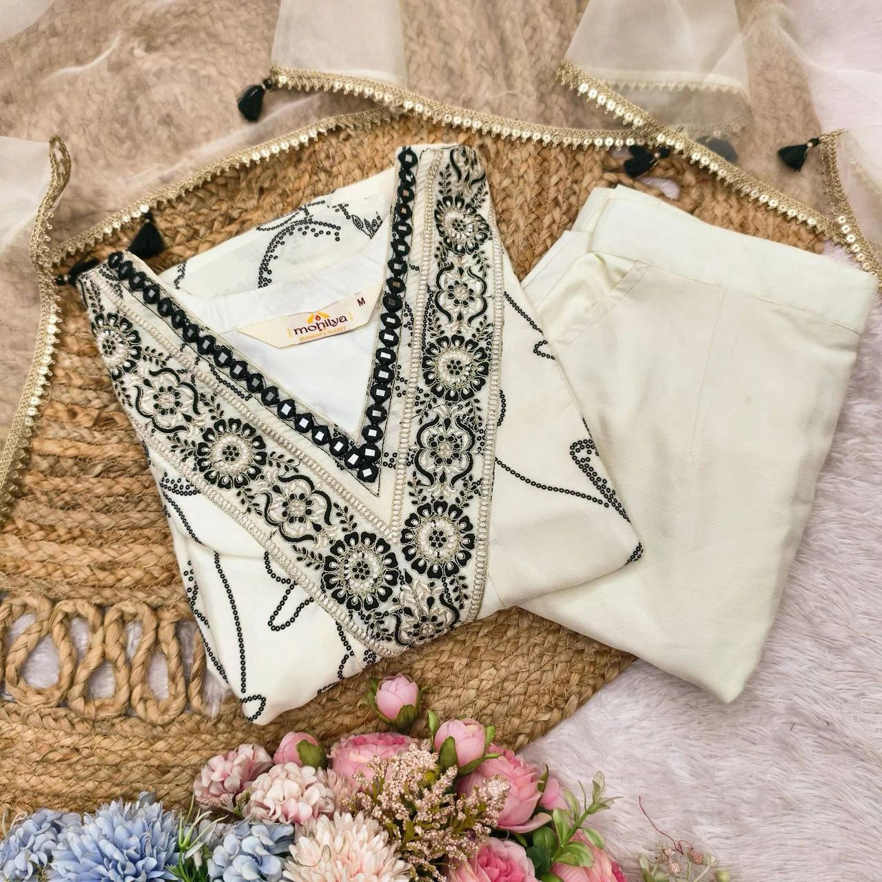French Crepe Printed Anarkali Suit with Dupatta in Off White — photo 9 of 9