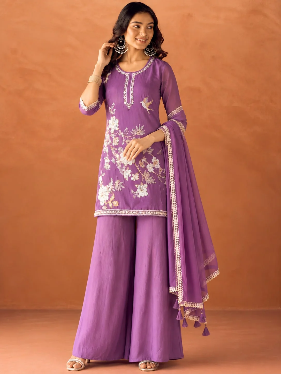 premium Embroidered Kurta Palazzo Set with Elegant Dupatta in Lavender — photo 2 of 5