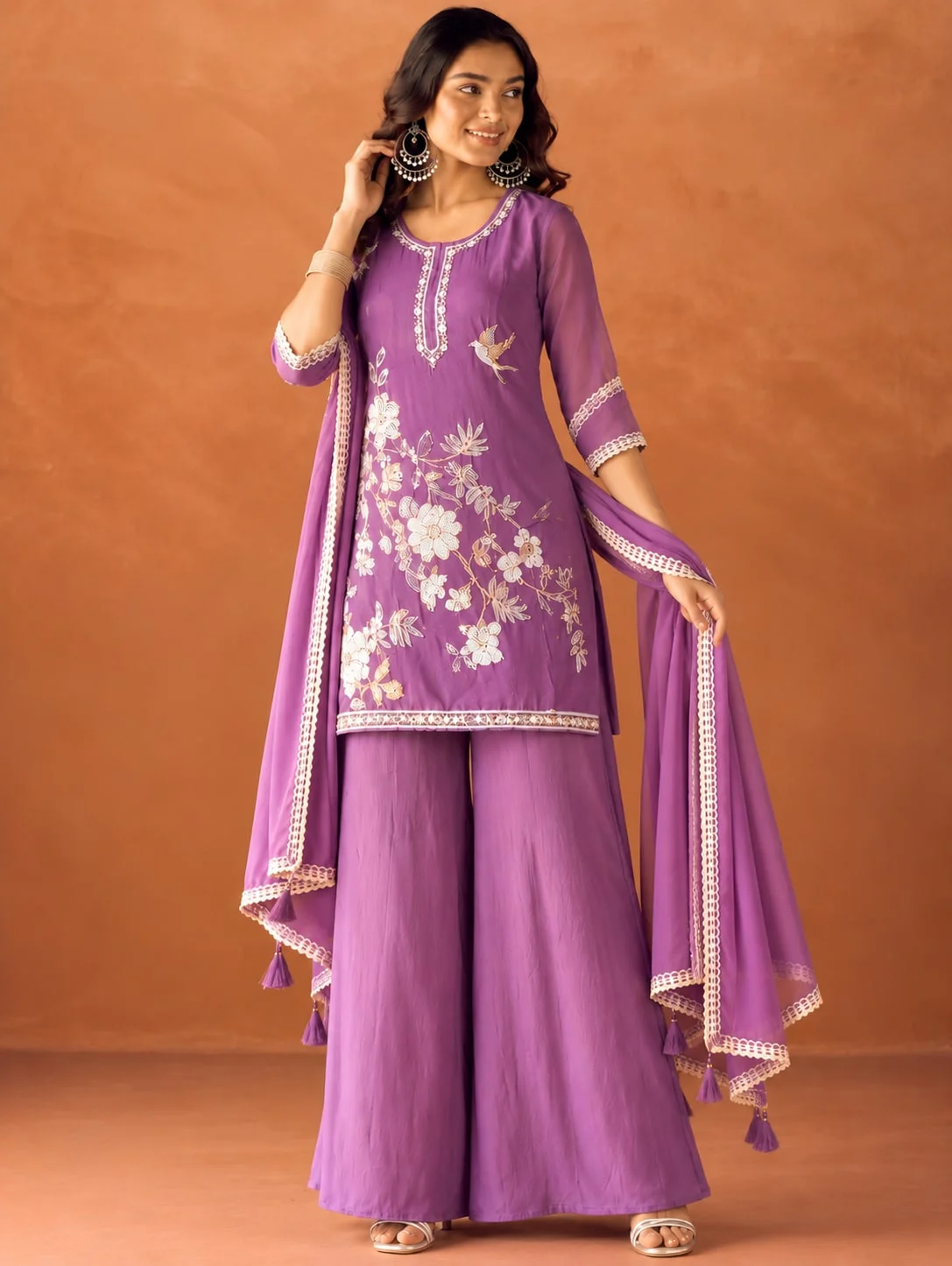 premium Embroidered Kurta Palazzo Set with Elegant Dupatta in Lavender — photo 3 of 5