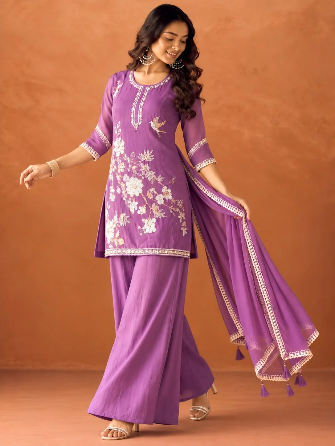 premium Embroidered Kurta Palazzo Set with Elegant Dupatta in Lavender — photo 4 of 5