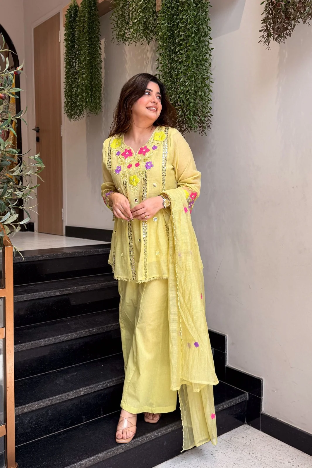 Premium Embroidered Kurti Palazzo Set with Floral Thread Work & Designer Dupatta for Women in Yellow — photo 2 of 5