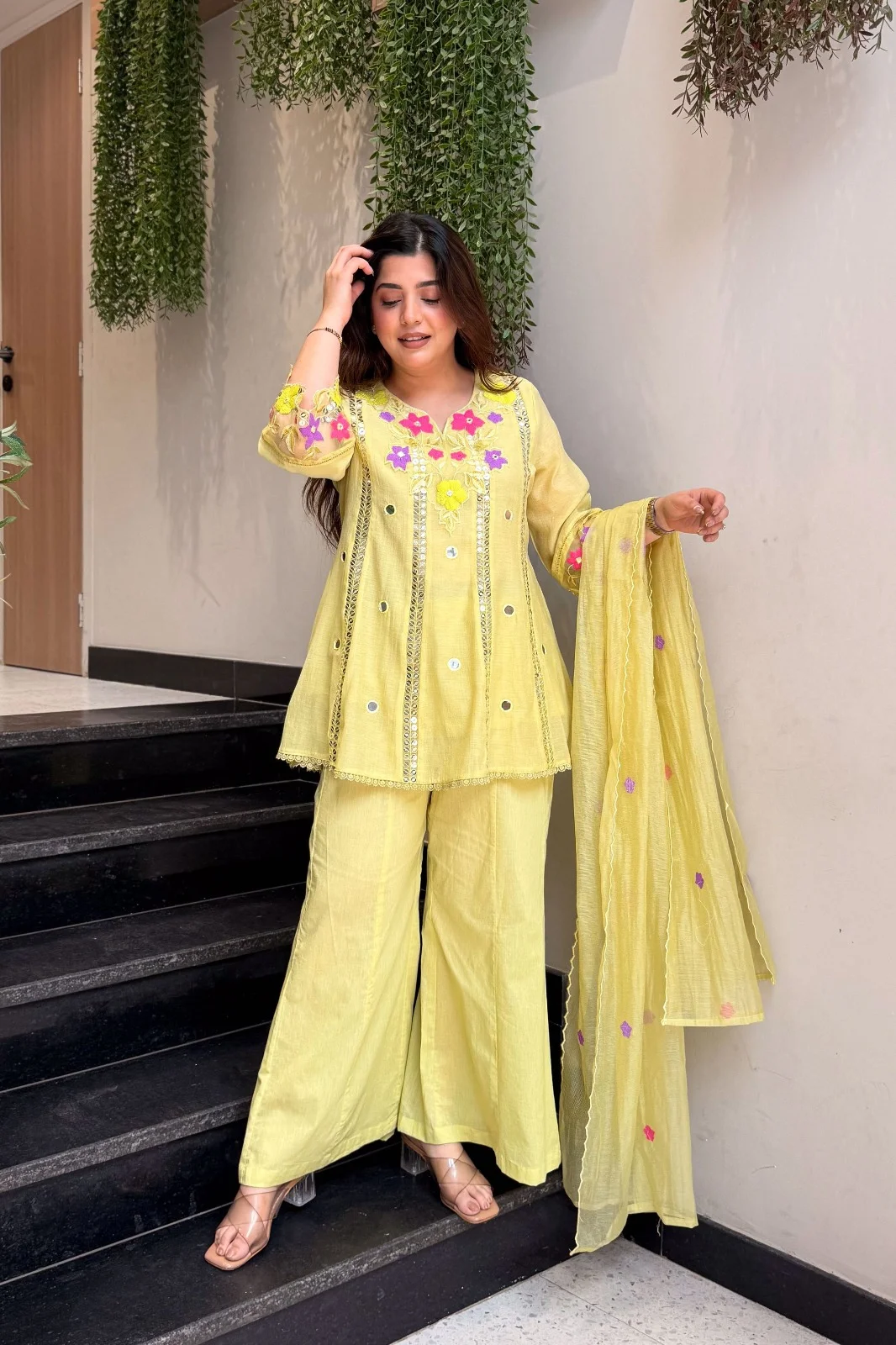 Premium Embroidered Kurti Palazzo Set with Floral Thread Work & Designer Dupatta for Women in Yellow — photo 3 of 5