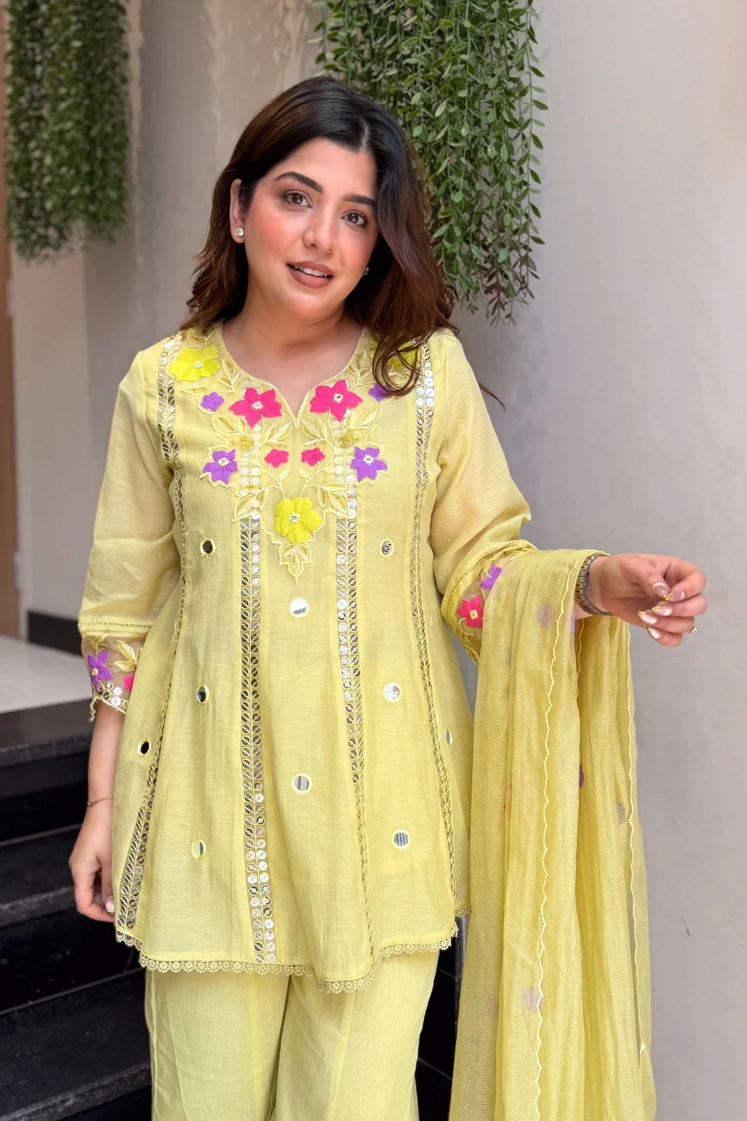 Premium Embroidered Kurti Palazzo Set with Floral Thread Work & Designer Dupatta for Women in Yellow — photo 5 of 5