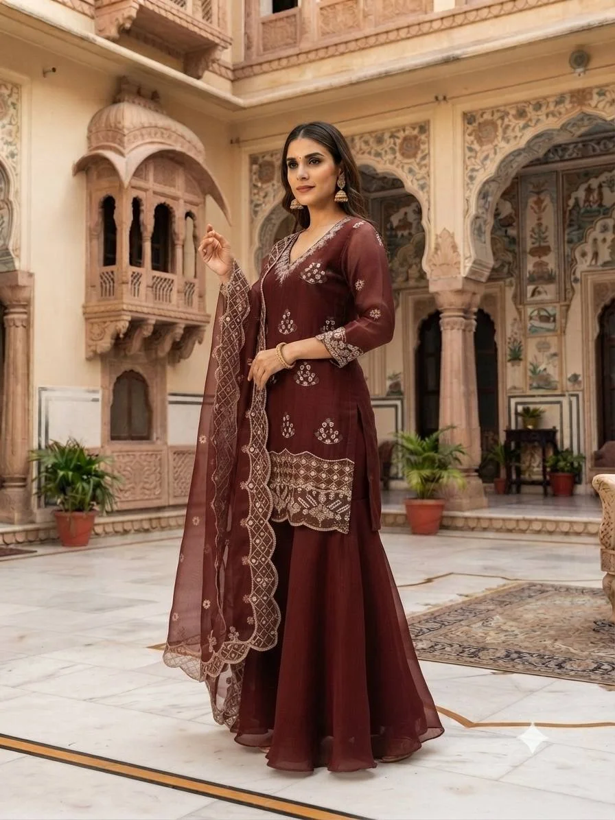 VIDALA CLOTHINGS Designer Burberry Kurti Palazzo Set with Dupatta for Women in Wine — photo 2 of 6