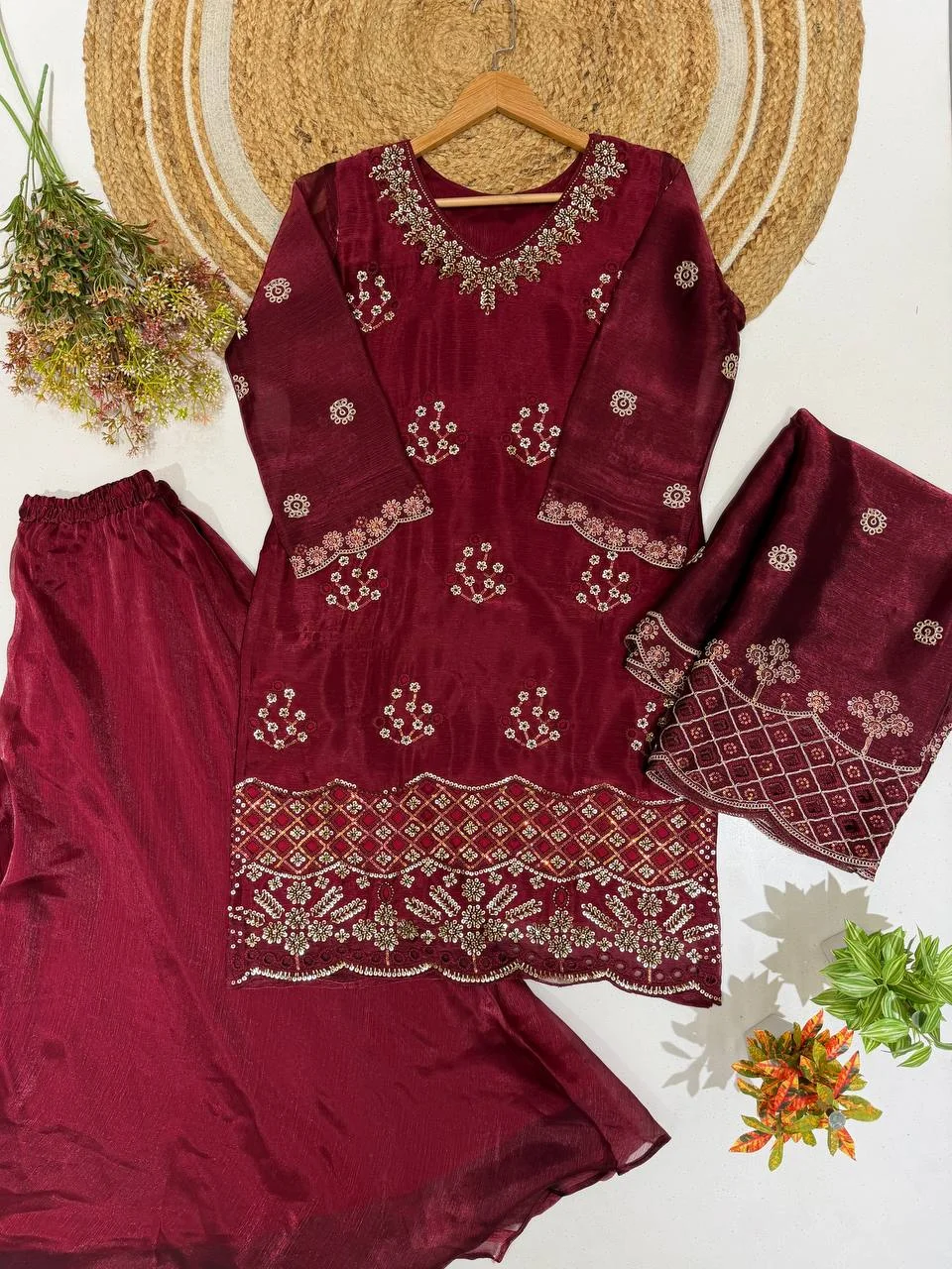 VIDALA CLOTHINGS Designer Burberry Kurti Palazzo Set with Dupatta for Women in Wine — photo 4 of 6