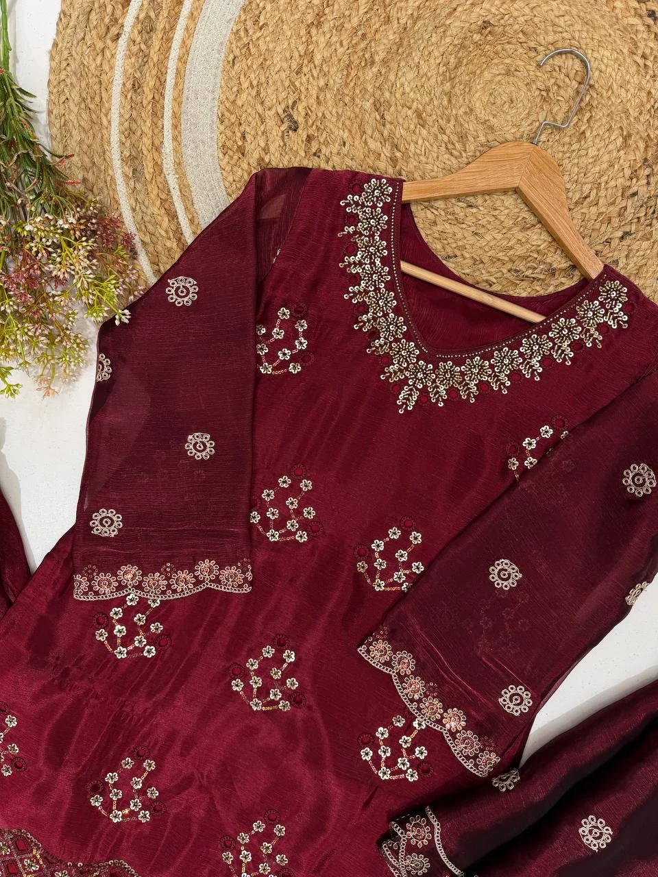 VIDALA CLOTHINGS Designer Burberry Kurti Palazzo Set with Dupatta for Women in Wine — photo 5 of 6