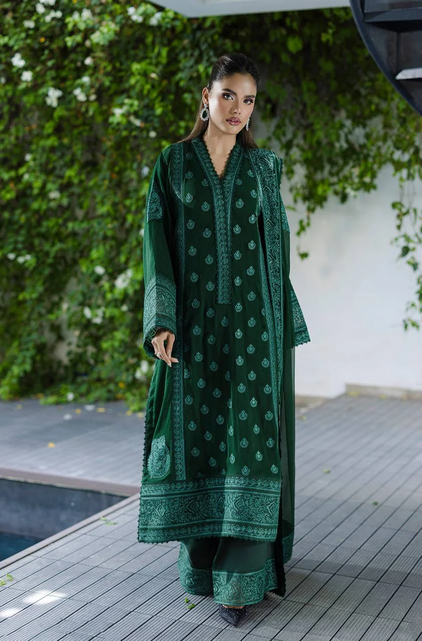 VIDALA CLOTHINGS Georgette Embroidered Three-Piece Suit Set for Women in Bottle Green — photo 2 of 8
