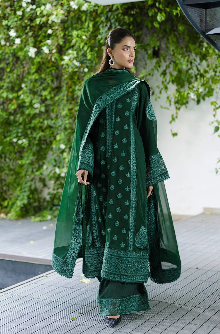 VIDALA CLOTHINGS Georgette Embroidered Three-Piece Suit Set for Women in Bottle Green — photo 4 of 8
