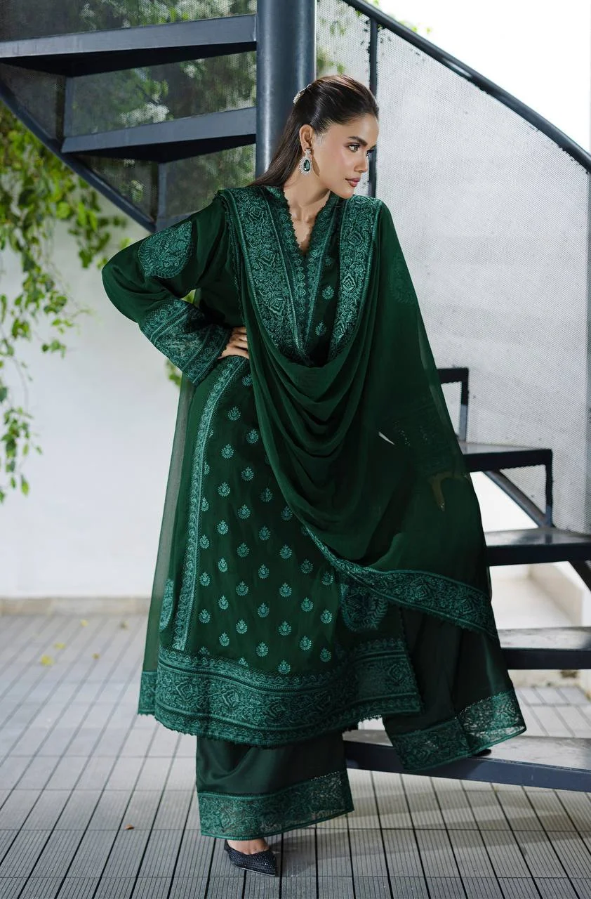 VIDALA CLOTHINGS Georgette Embroidered Three-Piece Suit Set for Women in Bottle Green — photo 6 of 8