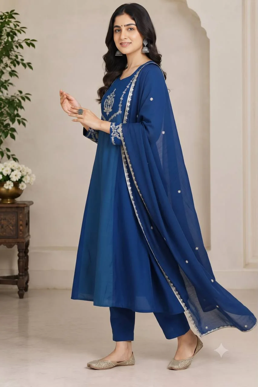 VIDALA CLOTHINGS Designer Mul Chanderi Three-Piece Suit Set for Women in Blue — photo 3 of 7