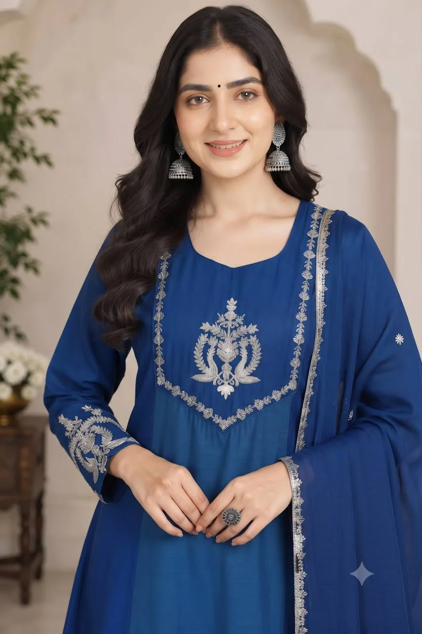 VIDALA CLOTHINGS Designer Mul Chanderi Three-Piece Suit Set for Women in Blue — photo 4 of 7