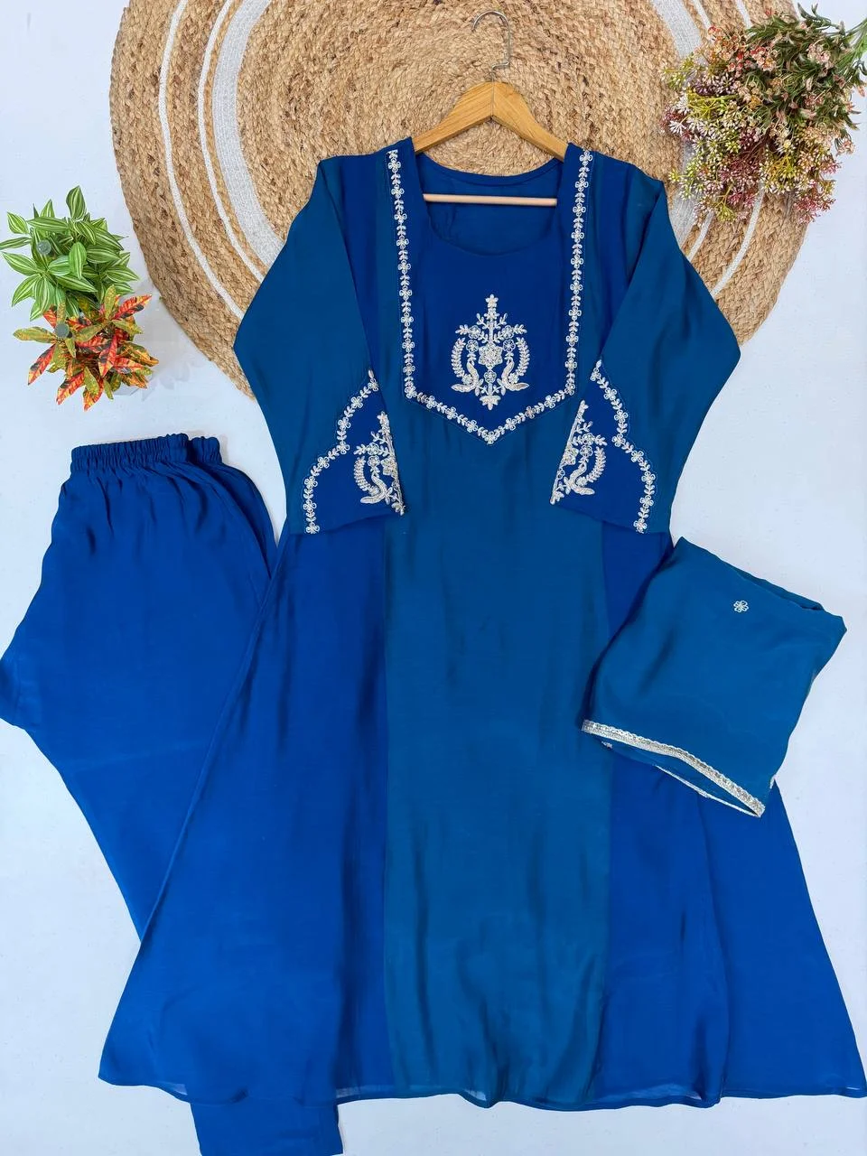 VIDALA CLOTHINGS Designer Mul Chanderi Three-Piece Suit Set for Women in Blue — photo 5 of 7