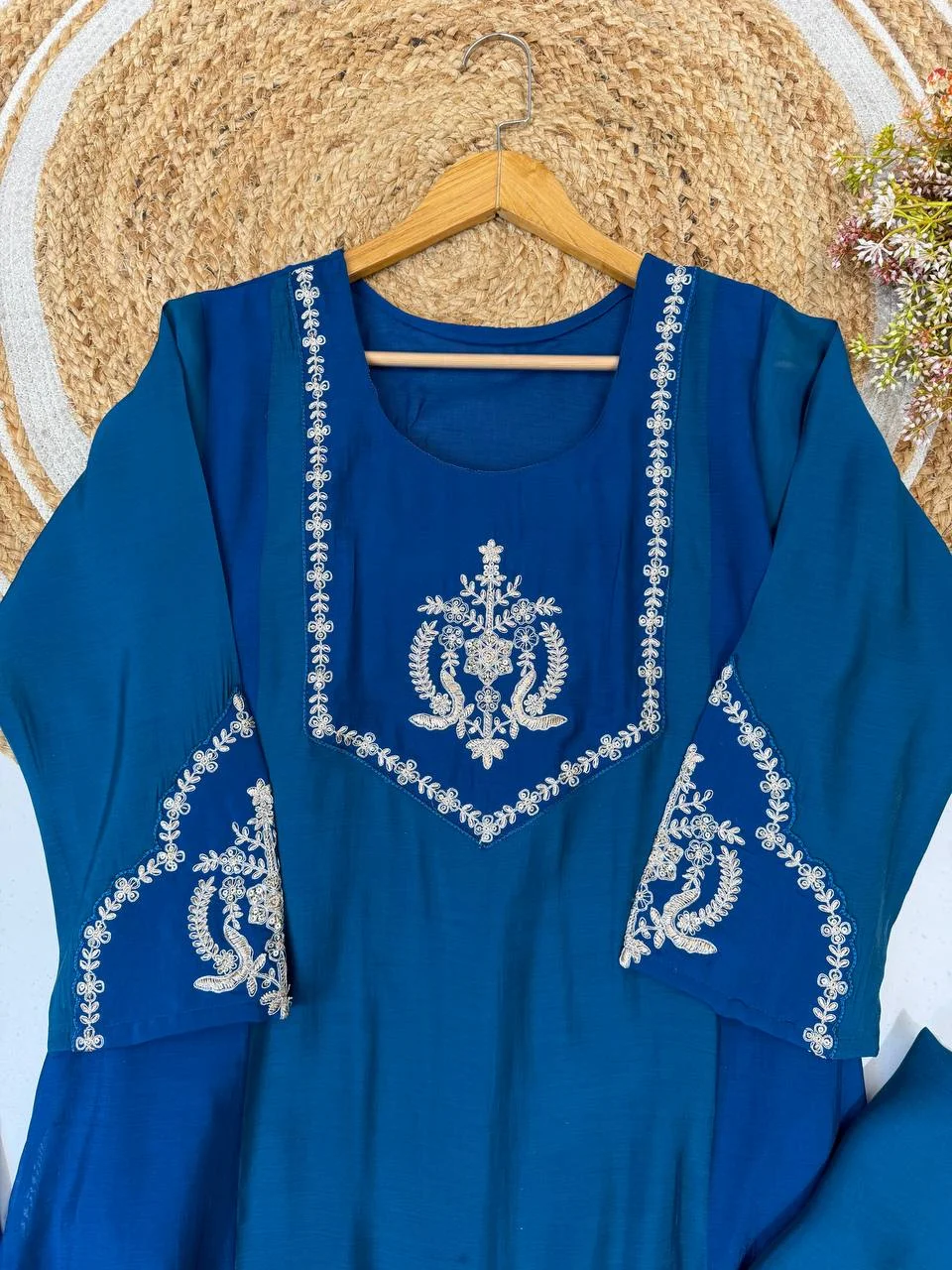 VIDALA CLOTHINGS Designer Mul Chanderi Three-Piece Suit Set for Women in Blue — photo 6 of 7