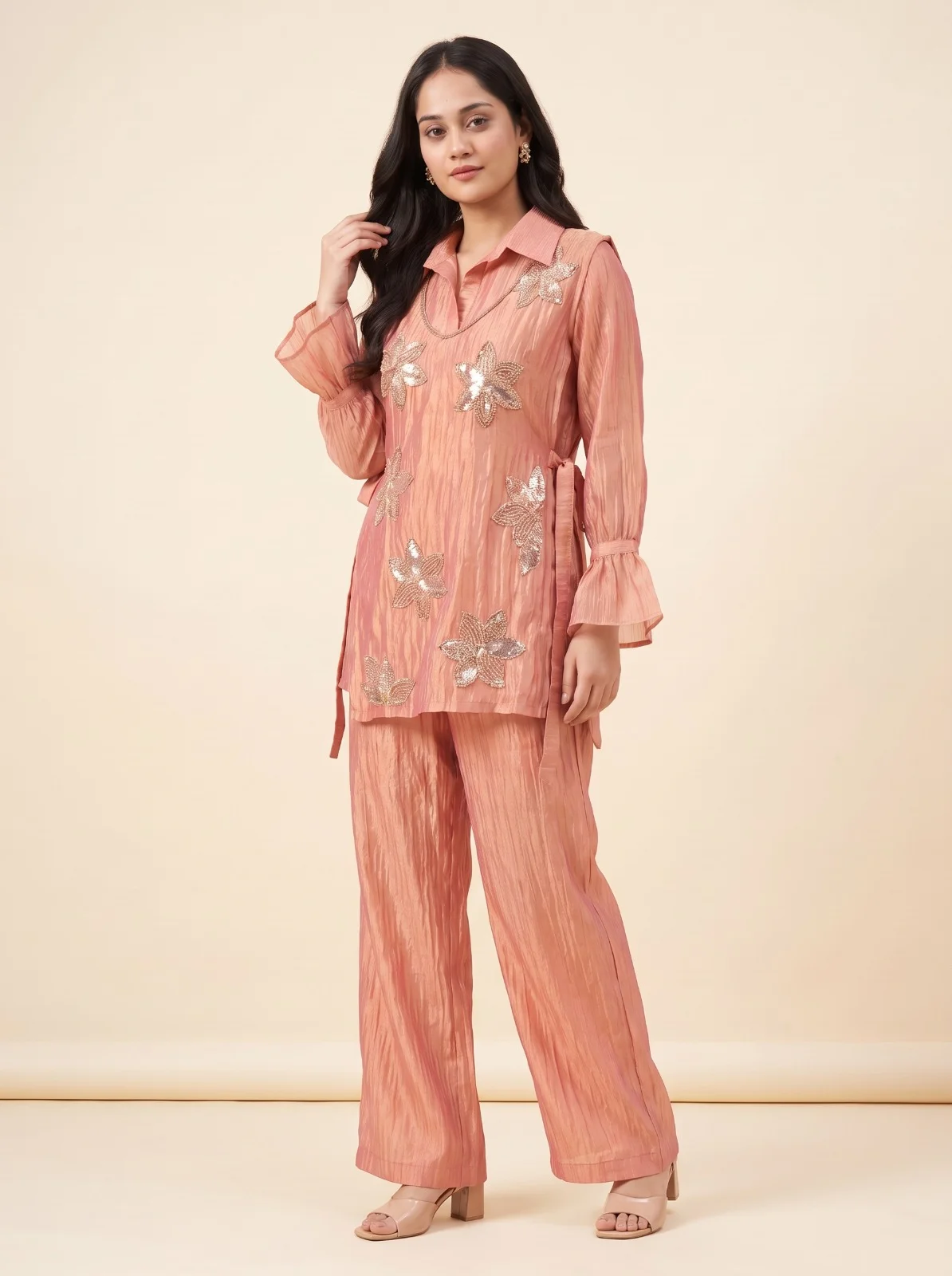 VIDALA CLOTHINGS Designer Salsa Silk Three-Piece Co-Ord Set for Women in Peach — photo 3 of 6