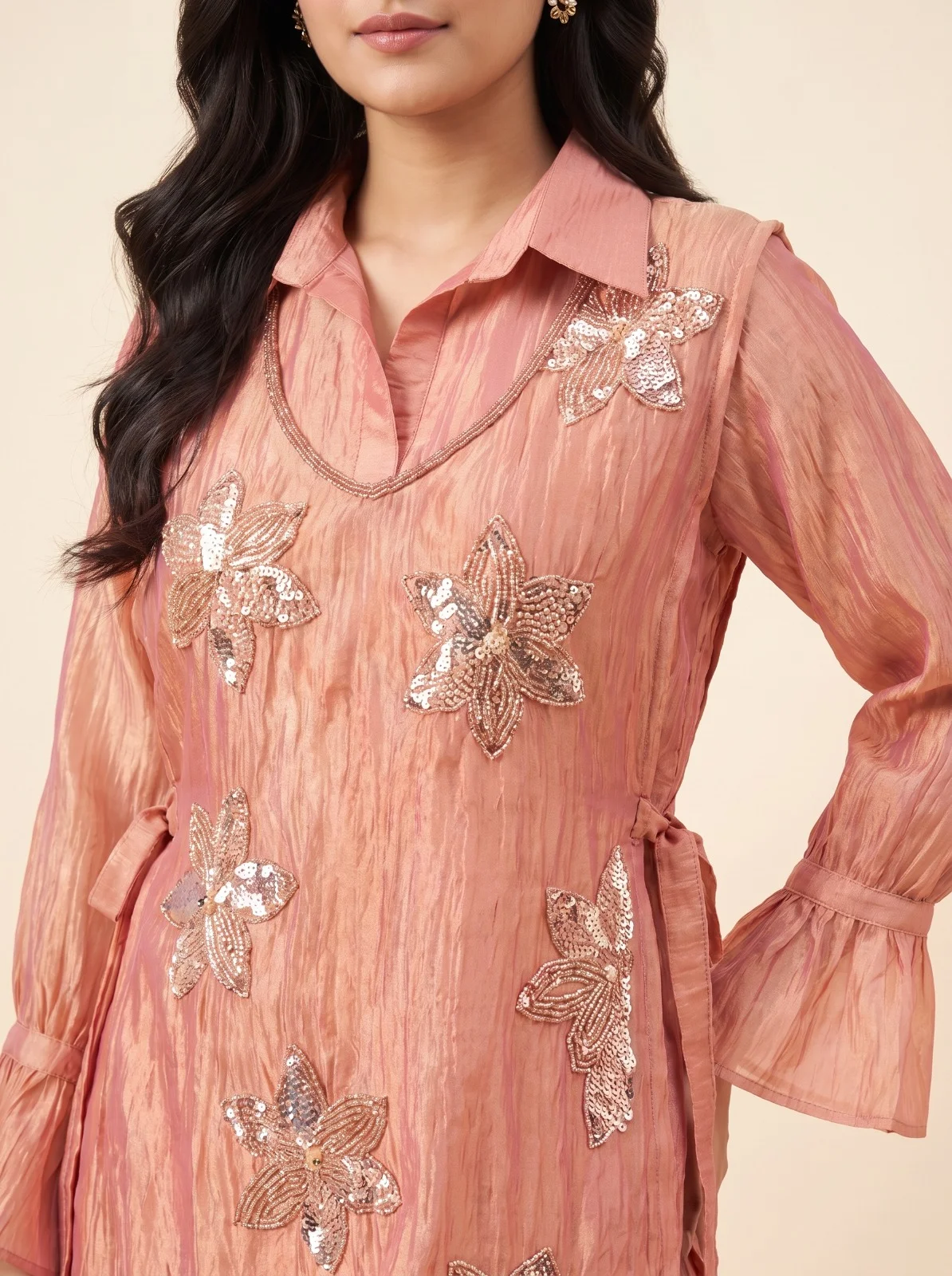 VIDALA CLOTHINGS Designer Salsa Silk Three-Piece Co-Ord Set for Women in Peach — photo 5 of 6