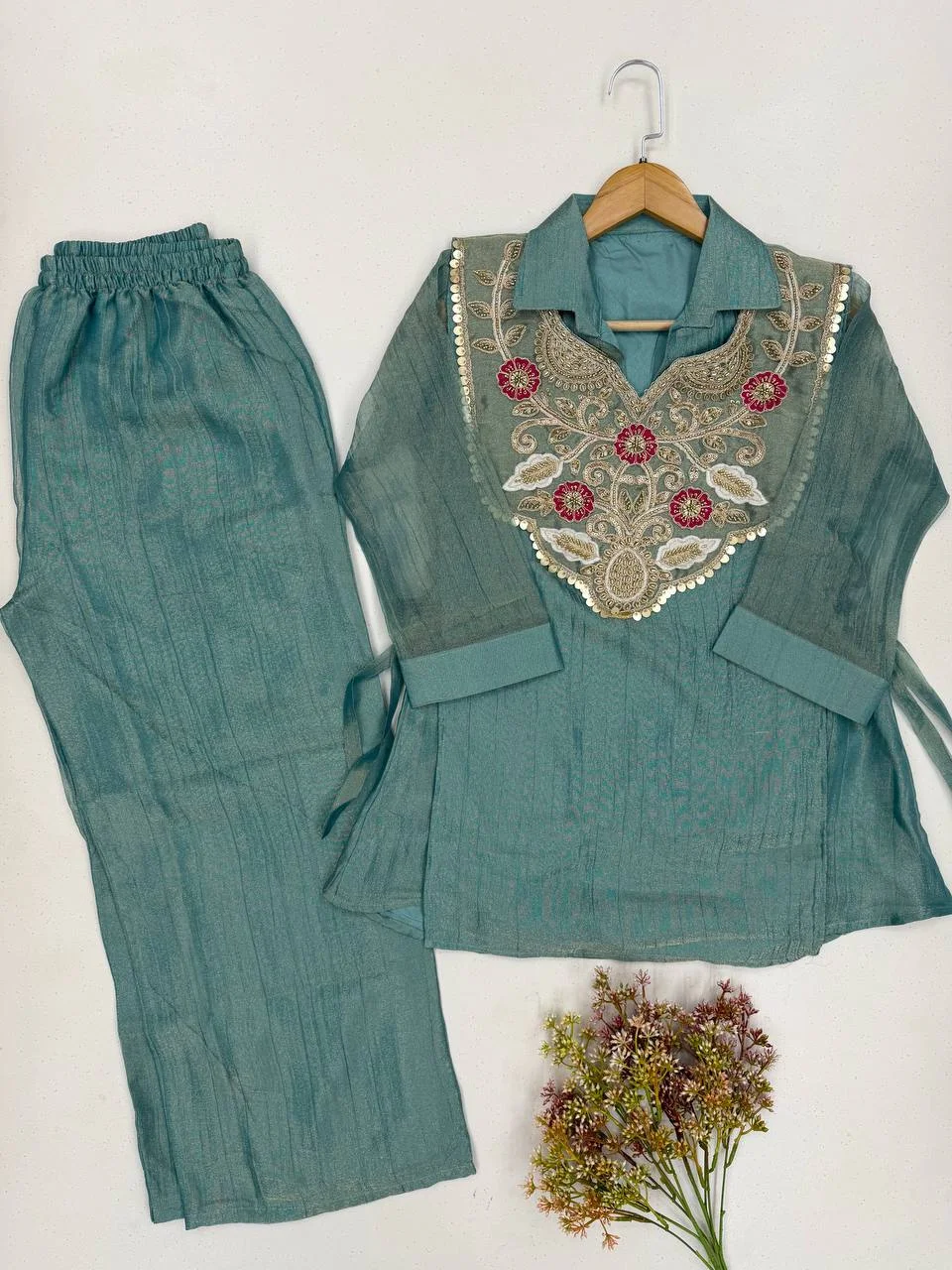 VIDALA CLOTHINGS Designer Salsa Silk Three-Piece Co-Ord Set for Women in Powder Blue — photo 3 of 3