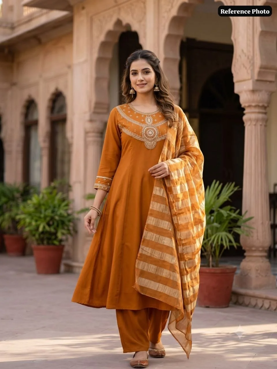 VIDALA CLOTHINGS Ochre Pure Mul Chanderi A-Line Kurti Pant Dupatta Set for Women in Orange — photo 2 of 7