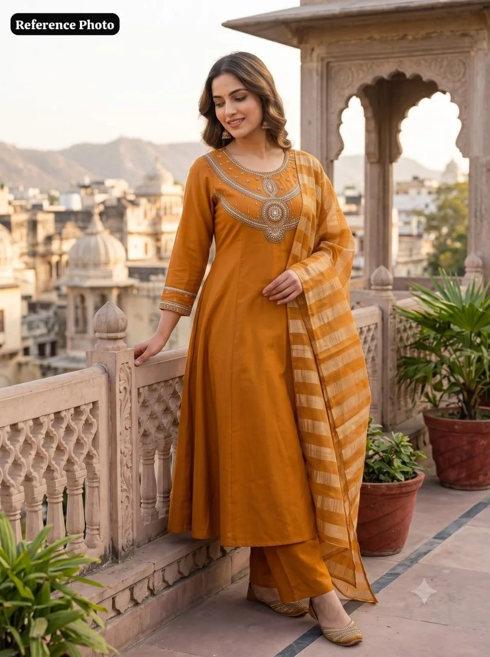 VIDALA CLOTHINGS Ochre Pure Mul Chanderi A-Line Kurti Pant Dupatta Set for Women in Orange — photo 4 of 7