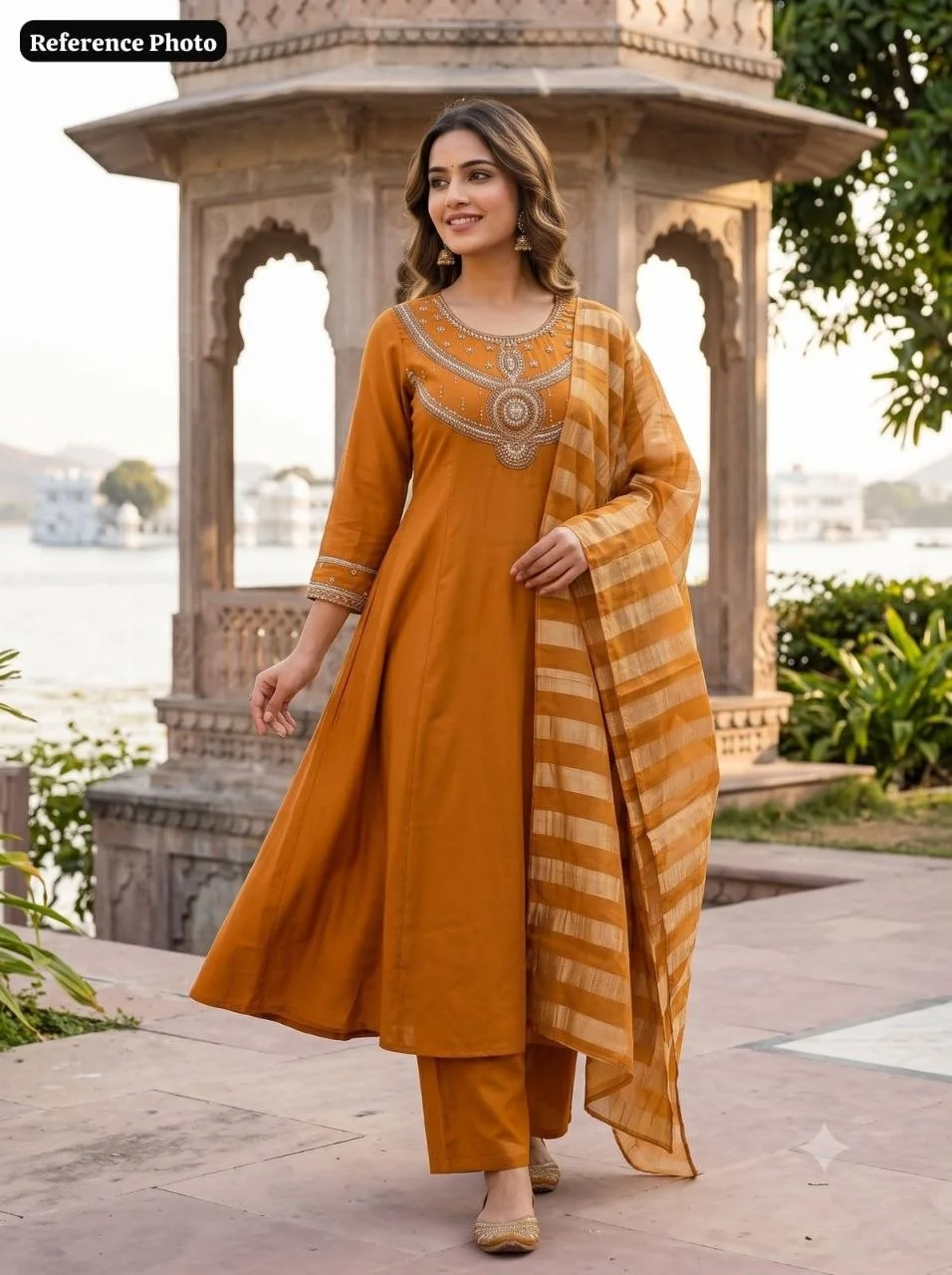 VIDALA CLOTHINGS Ochre Pure Mul Chanderi A-Line Kurti Pant Dupatta Set for Women in Orange — photo 3 of 7
