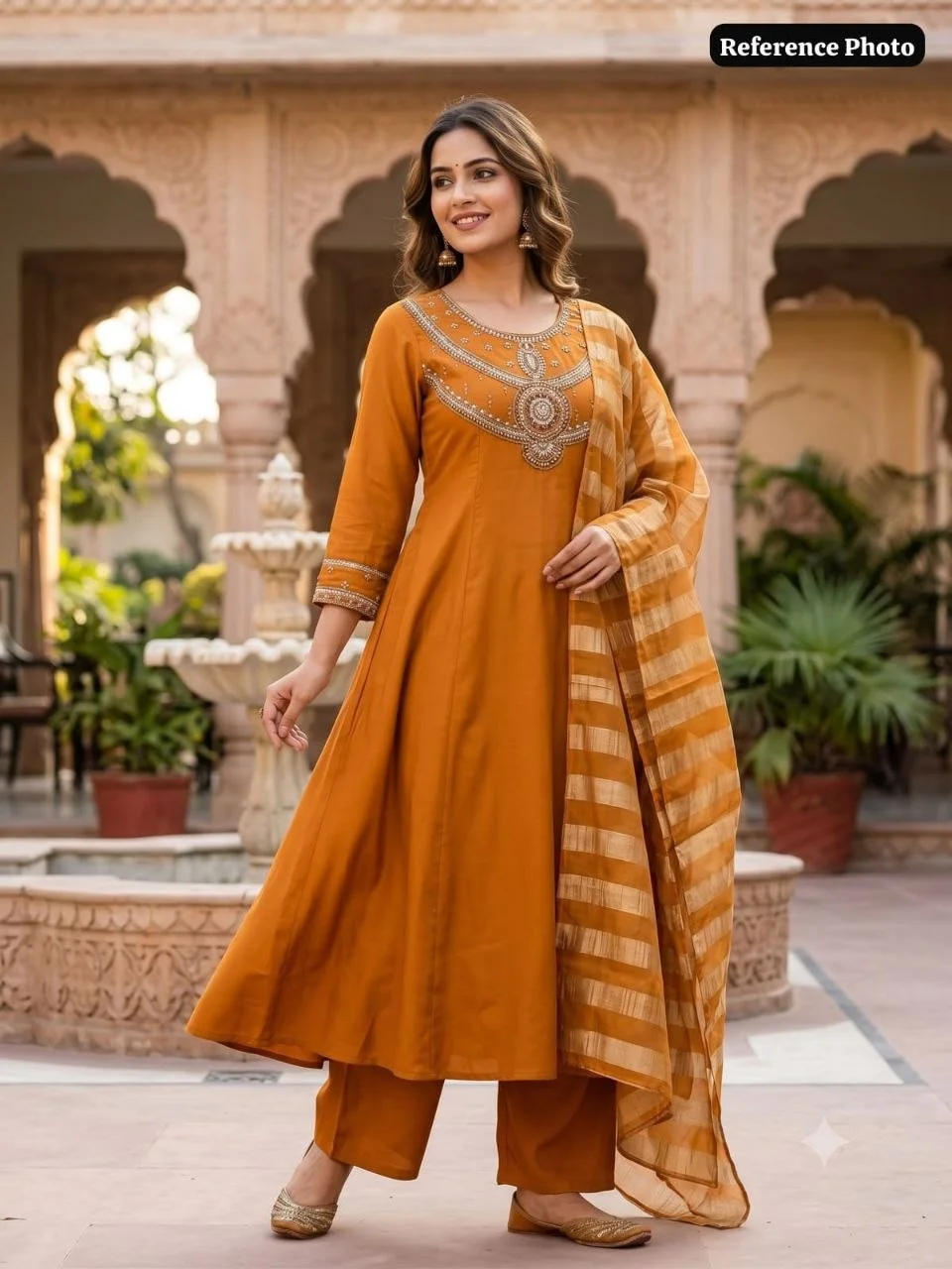 VIDALA CLOTHINGS Ochre Pure Mul Chanderi A-Line Kurti Pant Dupatta Set for Women in Orange — photo 5 of 7