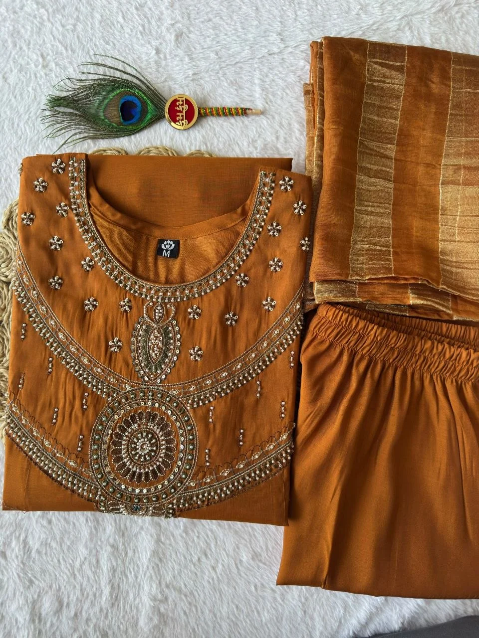 VIDALA CLOTHINGS Ochre Pure Mul Chanderi A-Line Kurti Pant Dupatta Set for Women in Orange — photo 7 of 7