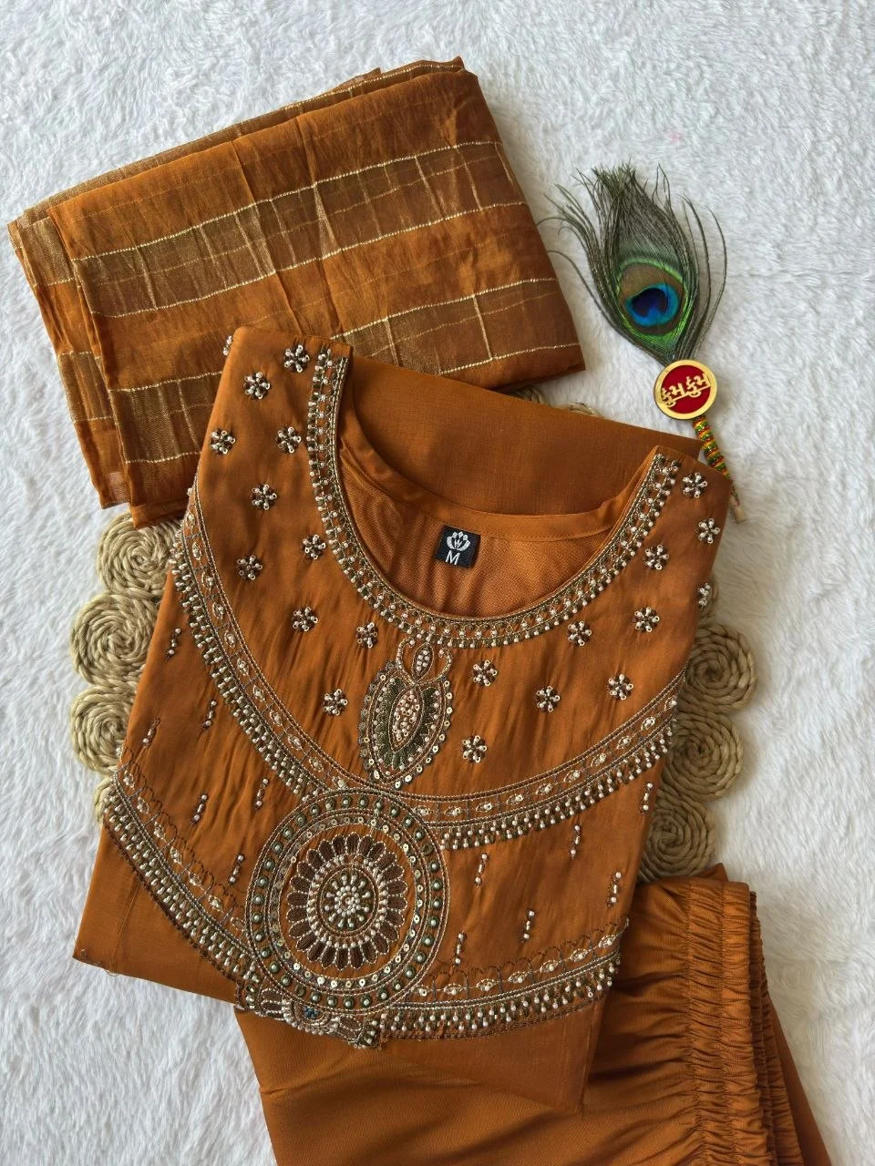 VIDALA CLOTHINGS Ochre Pure Mul Chanderi A-Line Kurti Pant Dupatta Set for Women in Orange — photo 6 of 7