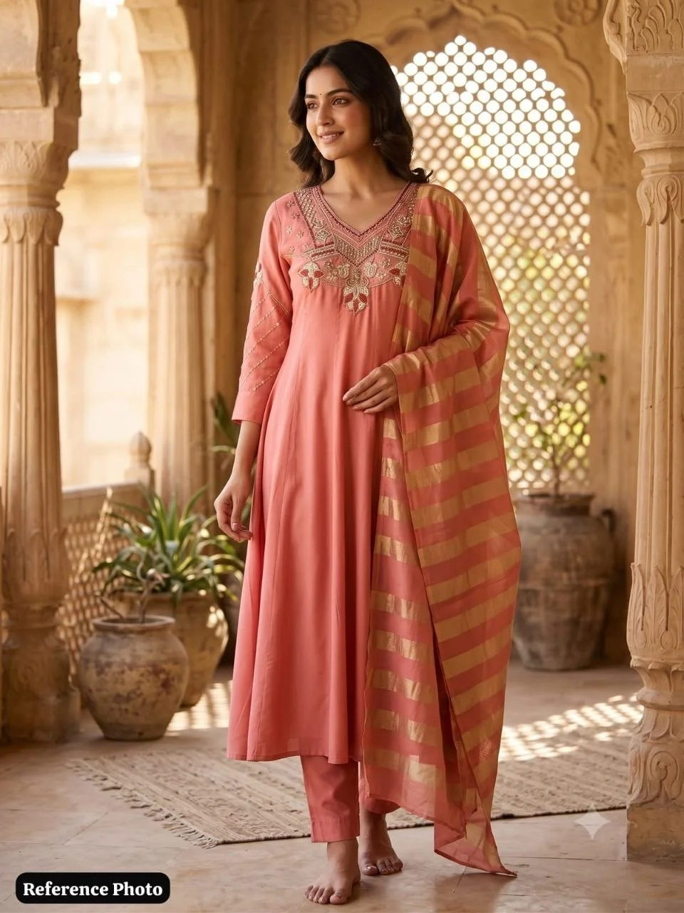 VIDALA CLOTHINGS Gajri Anarkali Style Kurti Pant Dupatta Set for Women in Peach — photo 3 of 7