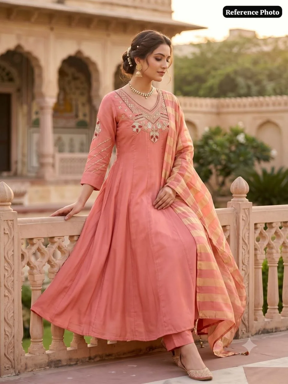 VIDALA CLOTHINGS Gajri Anarkali Style Kurti Pant Dupatta Set for Women in Peach — photo 4 of 7