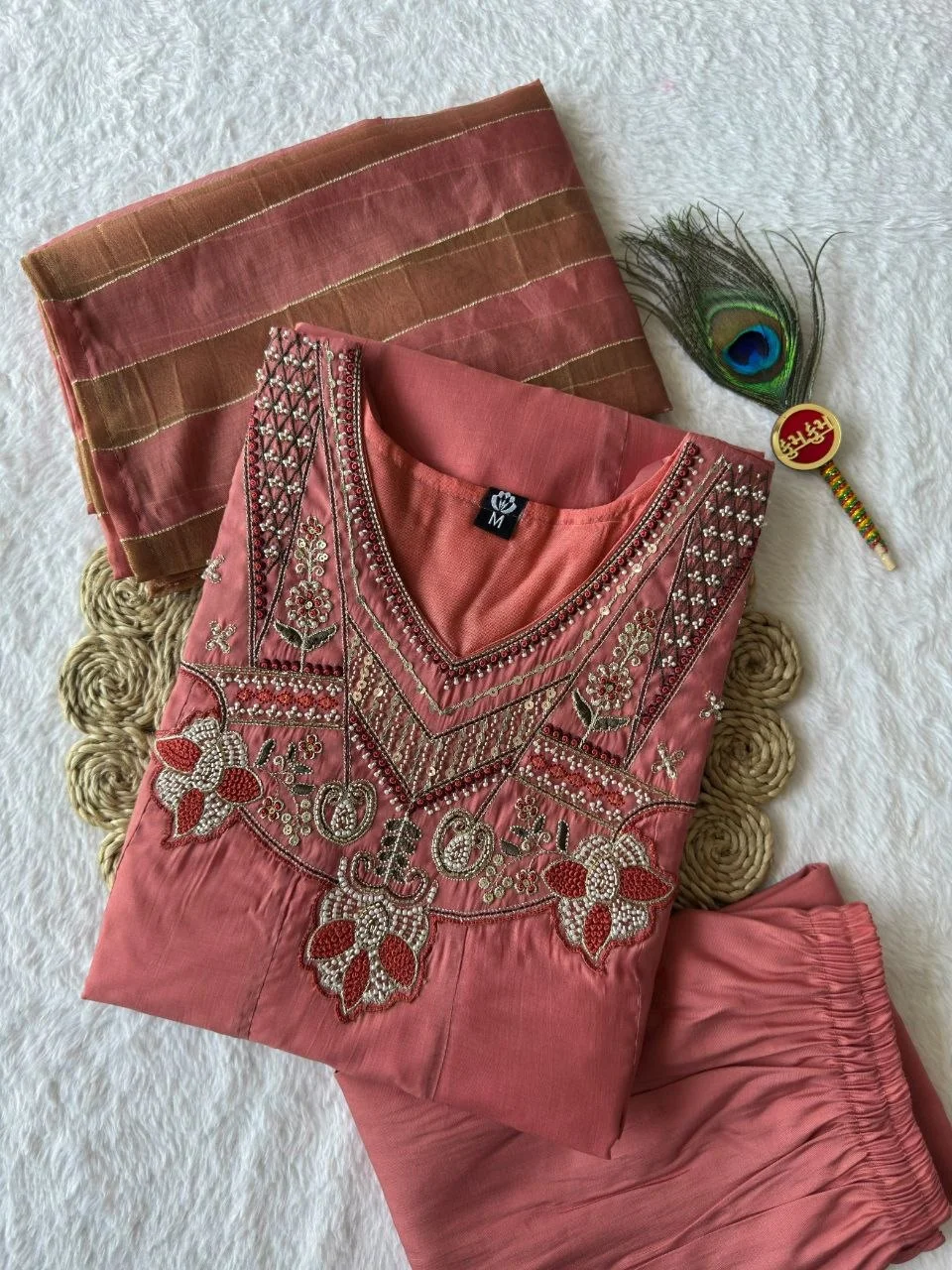 VIDALA CLOTHINGS Gajri Anarkali Style Kurti Pant Dupatta Set for Women in Peach — photo 5 of 7
