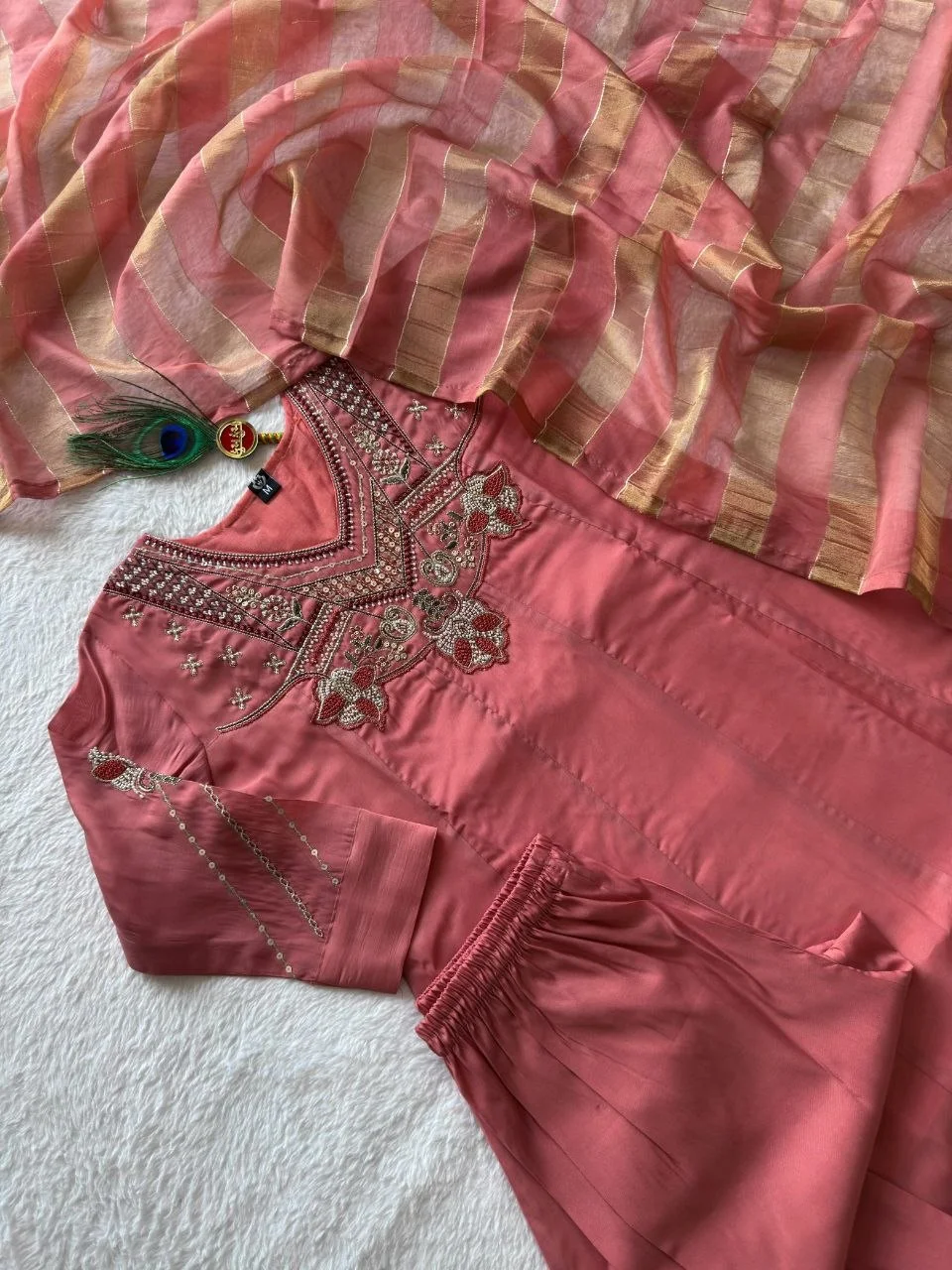 VIDALA CLOTHINGS Gajri Anarkali Style Kurti Pant Dupatta Set for Women in Peach — photo 6 of 7