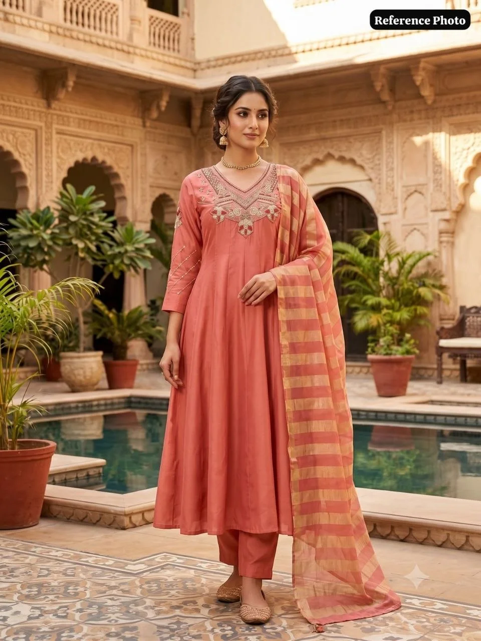 VIDALA CLOTHINGS Gajri Anarkali Style Kurti Pant Dupatta Set for Women in Peach — photo 2 of 7