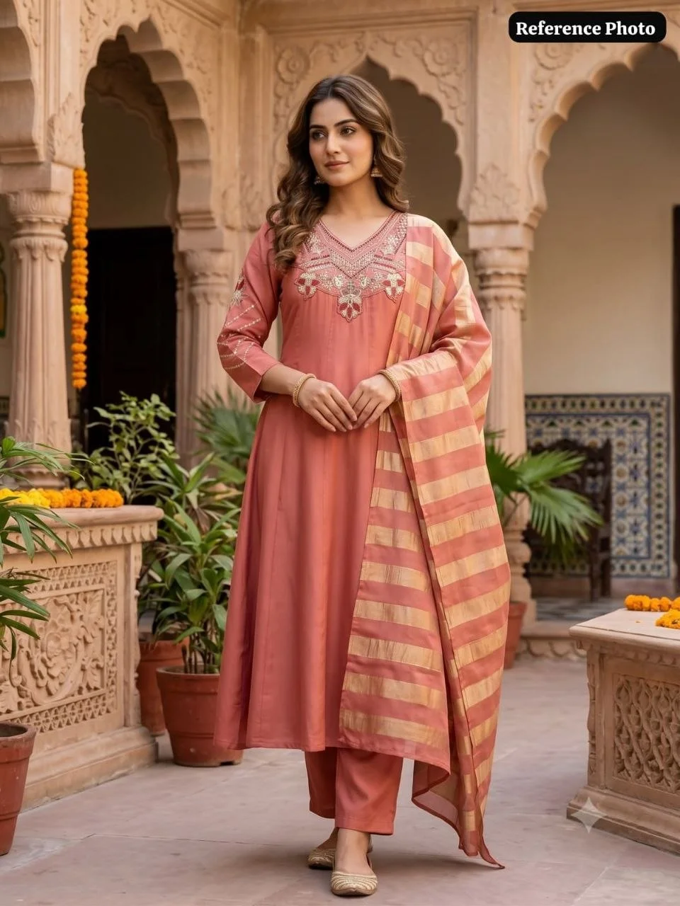 VIDALA CLOTHINGS Gajri Anarkali Style Kurti Pant Dupatta Set for Women in Peach — photo 7 of 7