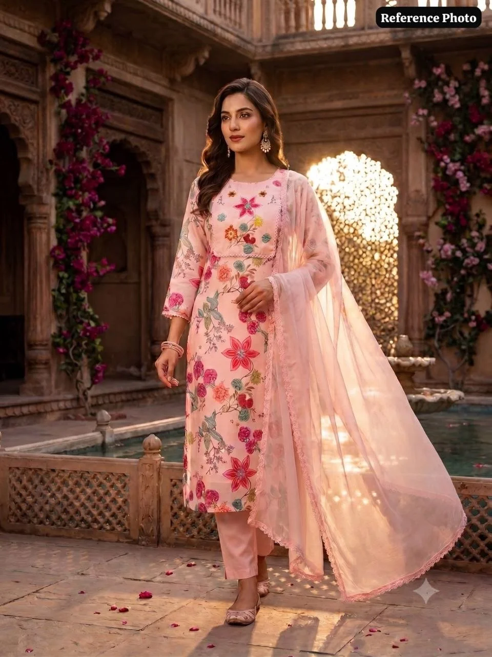 VIDALA CLOTHINGS Light Pink Pure Linen Cotton Kurti Pant Dupatta Set for Women in Peach — photo 2 of 7