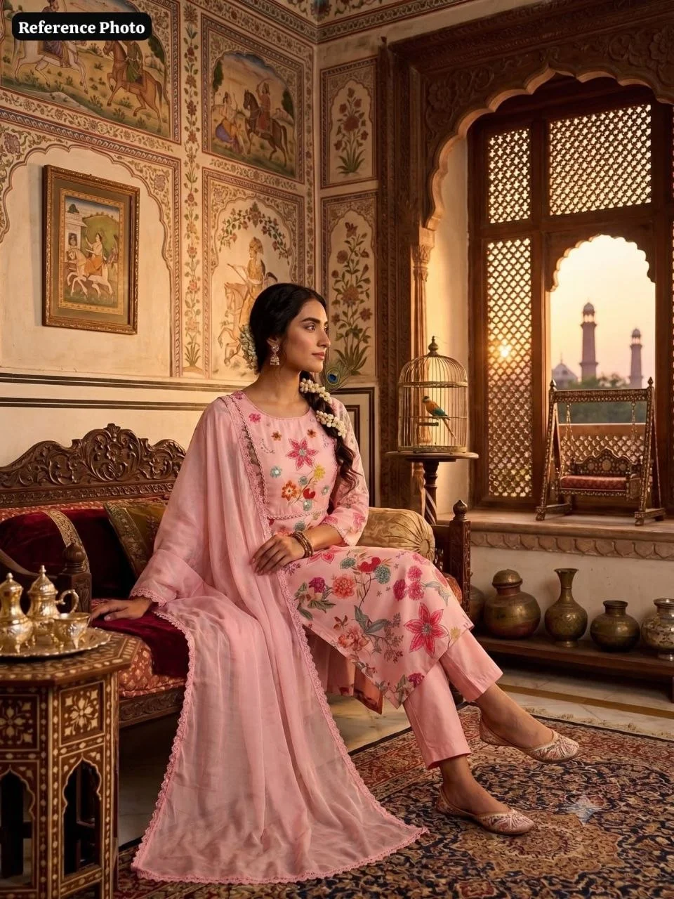 VIDALA CLOTHINGS Light Pink Pure Linen Cotton Kurti Pant Dupatta Set for Women in Peach — photo 4 of 7