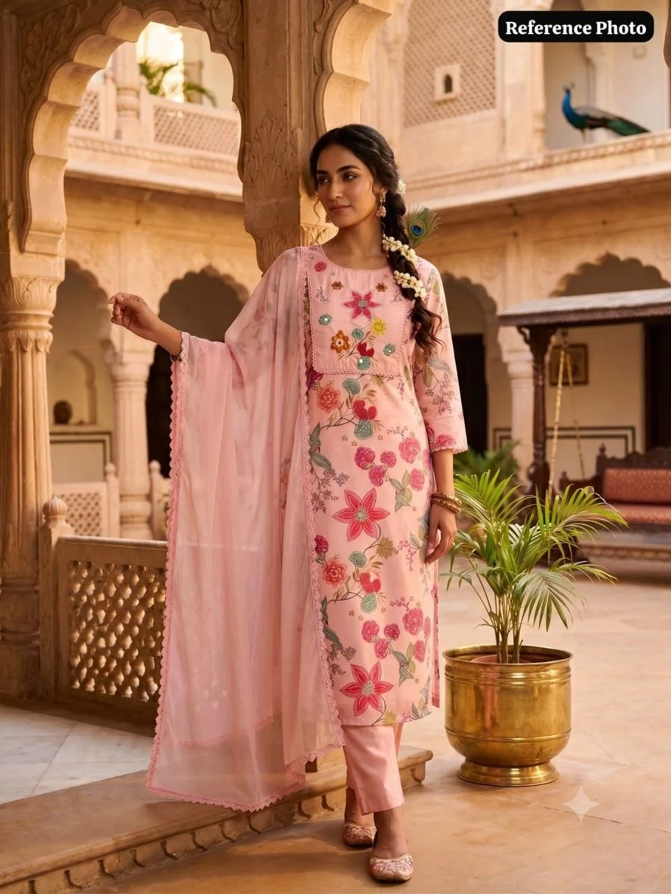 VIDALA CLOTHINGS Light Pink Pure Linen Cotton Kurti Pant Dupatta Set for Women in Peach — photo 3 of 7