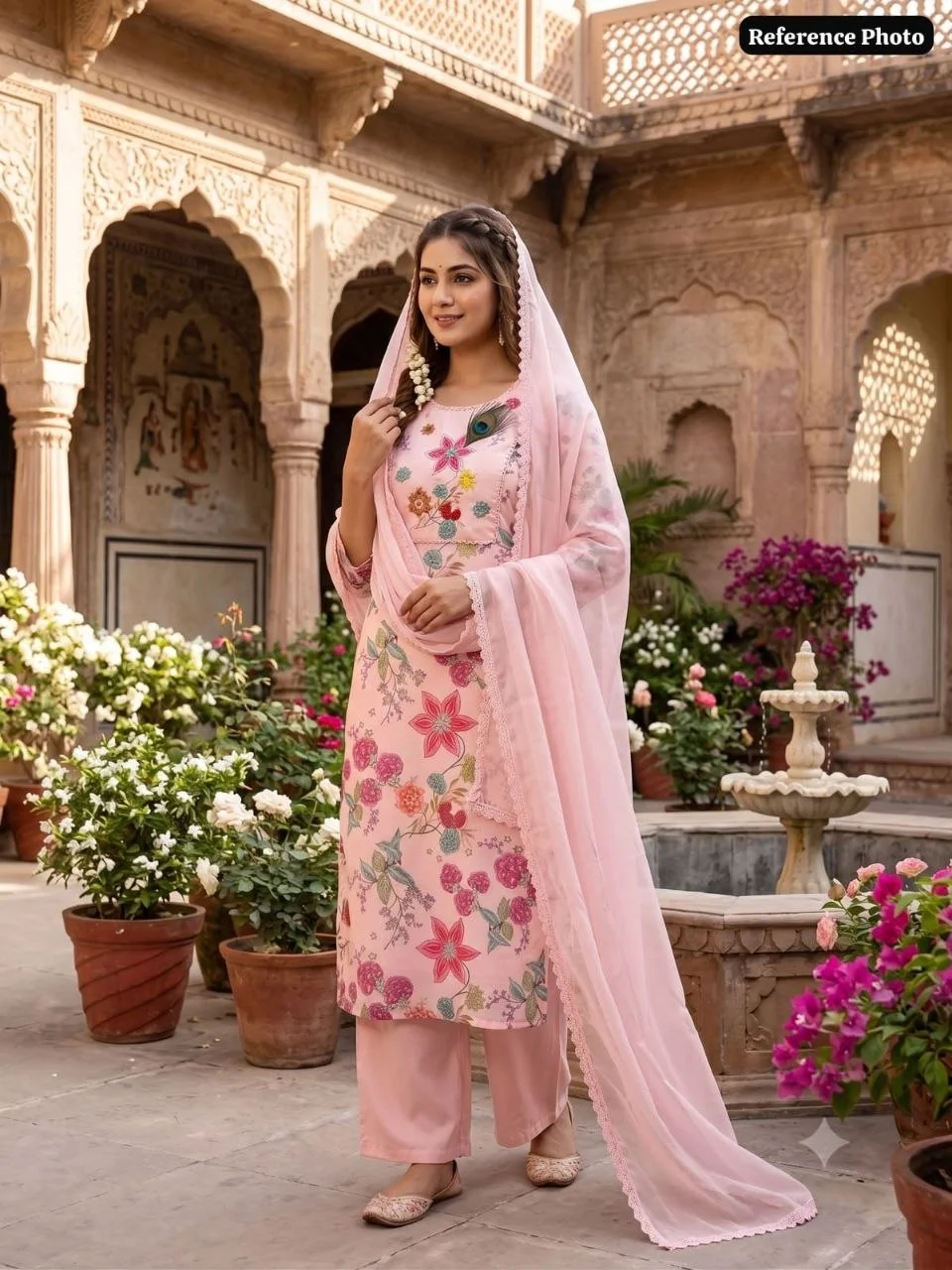 VIDALA CLOTHINGS Light Pink Pure Linen Cotton Kurti Pant Dupatta Set for Women in Peach — photo 5 of 7
