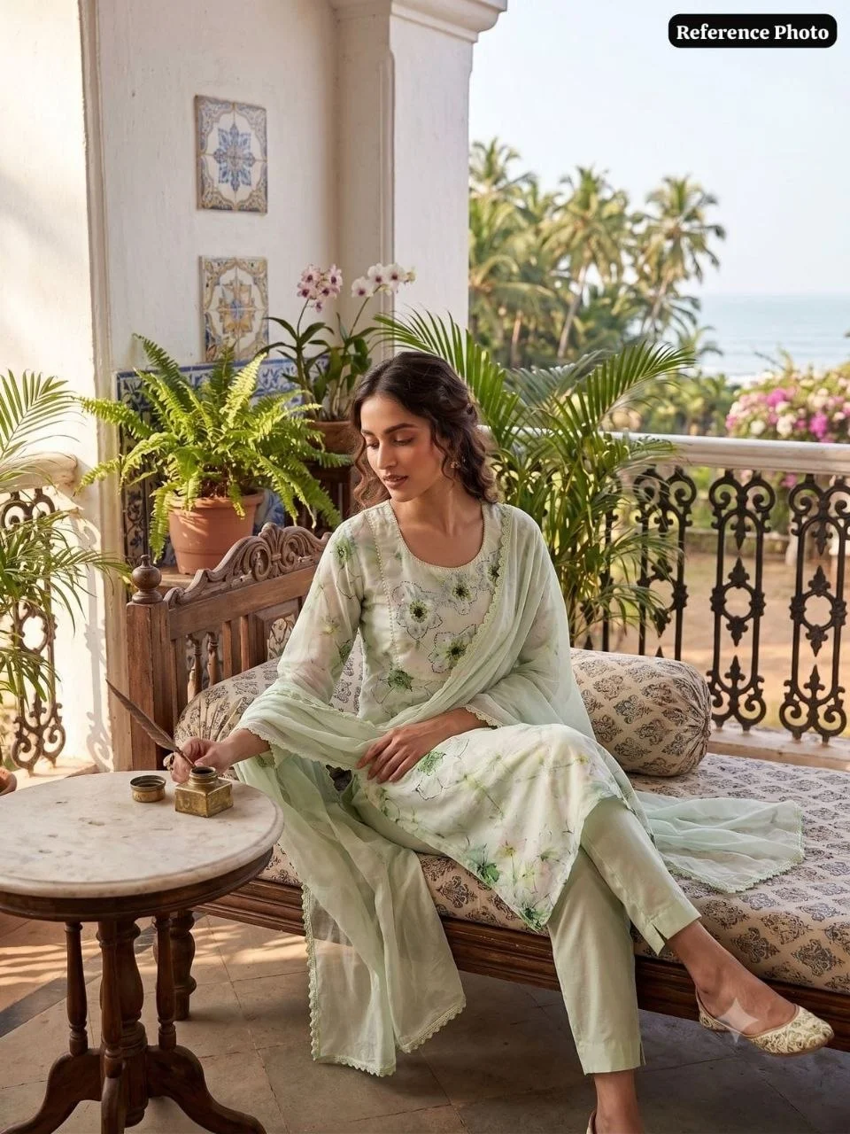 VIDALA CLOTHINGS Pista Pure Linen Cotton Kurti Pant Dupatta Set for Women in Pista Green — photo 4 of 7