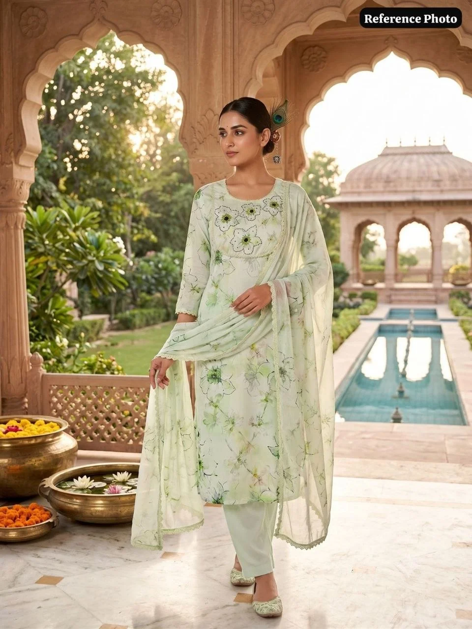 VIDALA CLOTHINGS Pista Pure Linen Cotton Kurti Pant Dupatta Set for Women in Pista Green — photo 5 of 7