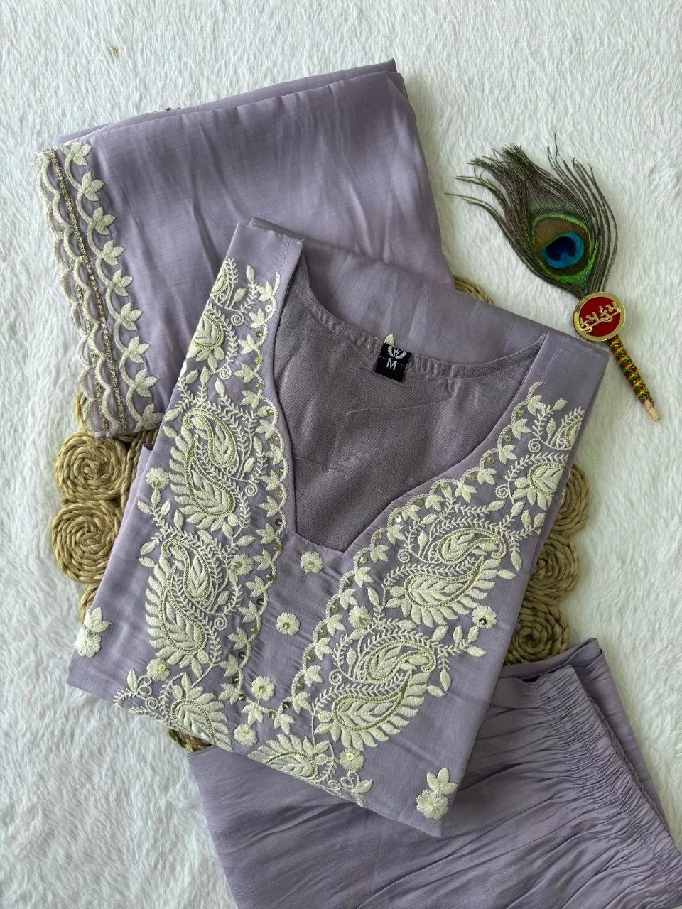 VIDALA CLOTHINGS Pure Mul Chanderi A-Line Kurti Pant Dupatta Set for Women in Lavender — photo 3 of 5