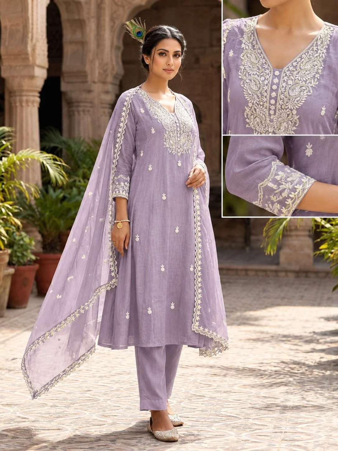 VIDALA CLOTHINGS Pure Mul Chanderi A-Line Kurti Pant Dupatta Set for Women in Lavender — photo 2 of 5