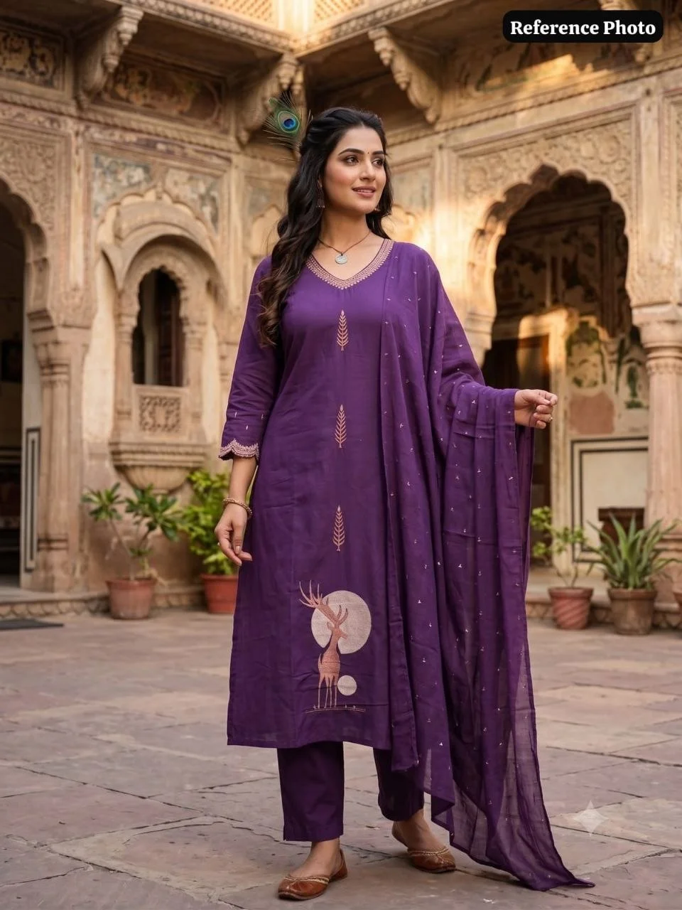 VIDALA CLOTHINGS Purple Pure Cotton A-Line Kurti Pant Dupatta Set for Women — photo 4 of 7