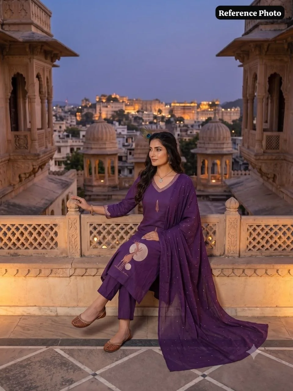 VIDALA CLOTHINGS Purple Pure Cotton A-Line Kurti Pant Dupatta Set for Women — photo 3 of 7