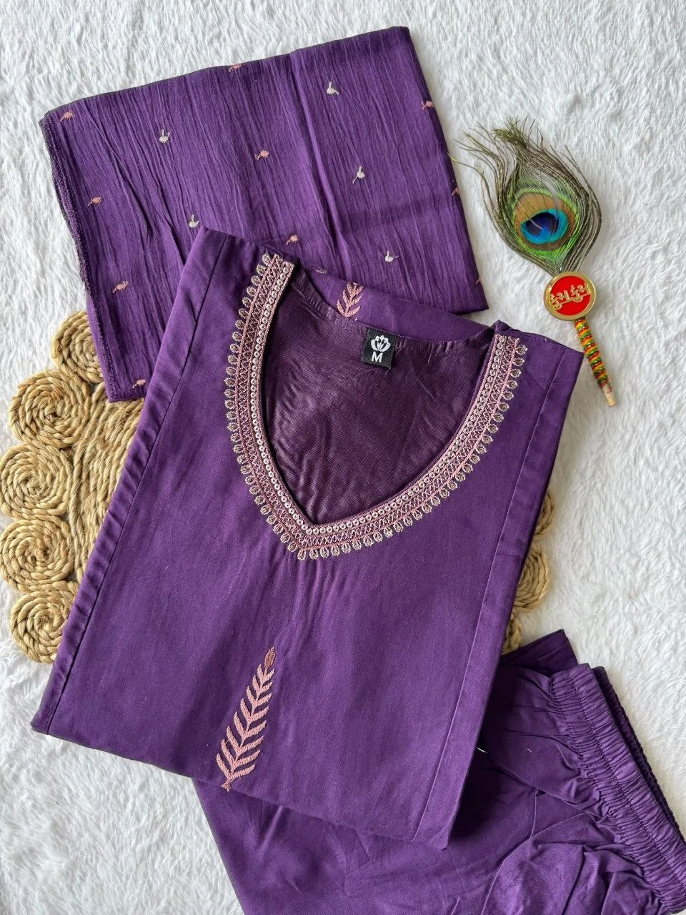 VIDALA CLOTHINGS Purple Pure Cotton A-Line Kurti Pant Dupatta Set for Women — photo 6 of 7