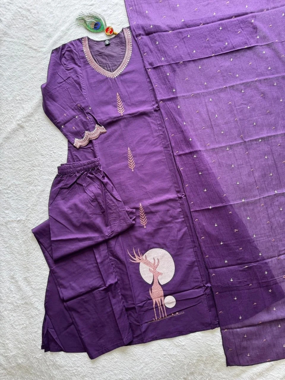 VIDALA CLOTHINGS Purple Pure Cotton A-Line Kurti Pant Dupatta Set for Women — photo 7 of 7
