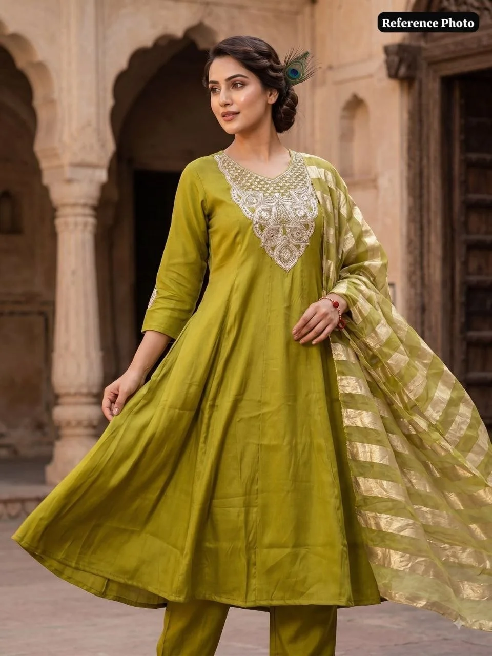 VIDALA CLOTHINGS Parrot Anarkali Kurti Pant Dupatta Set for Women in Parrot Green — photo 3 of 7