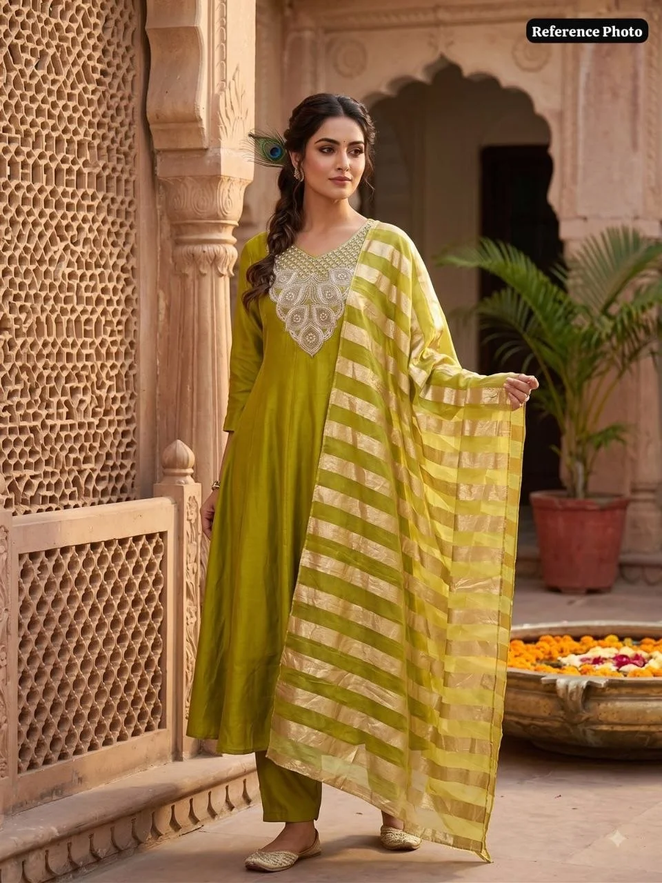 VIDALA CLOTHINGS Parrot Anarkali Kurti Pant Dupatta Set for Women in Parrot Green — photo 2 of 7
